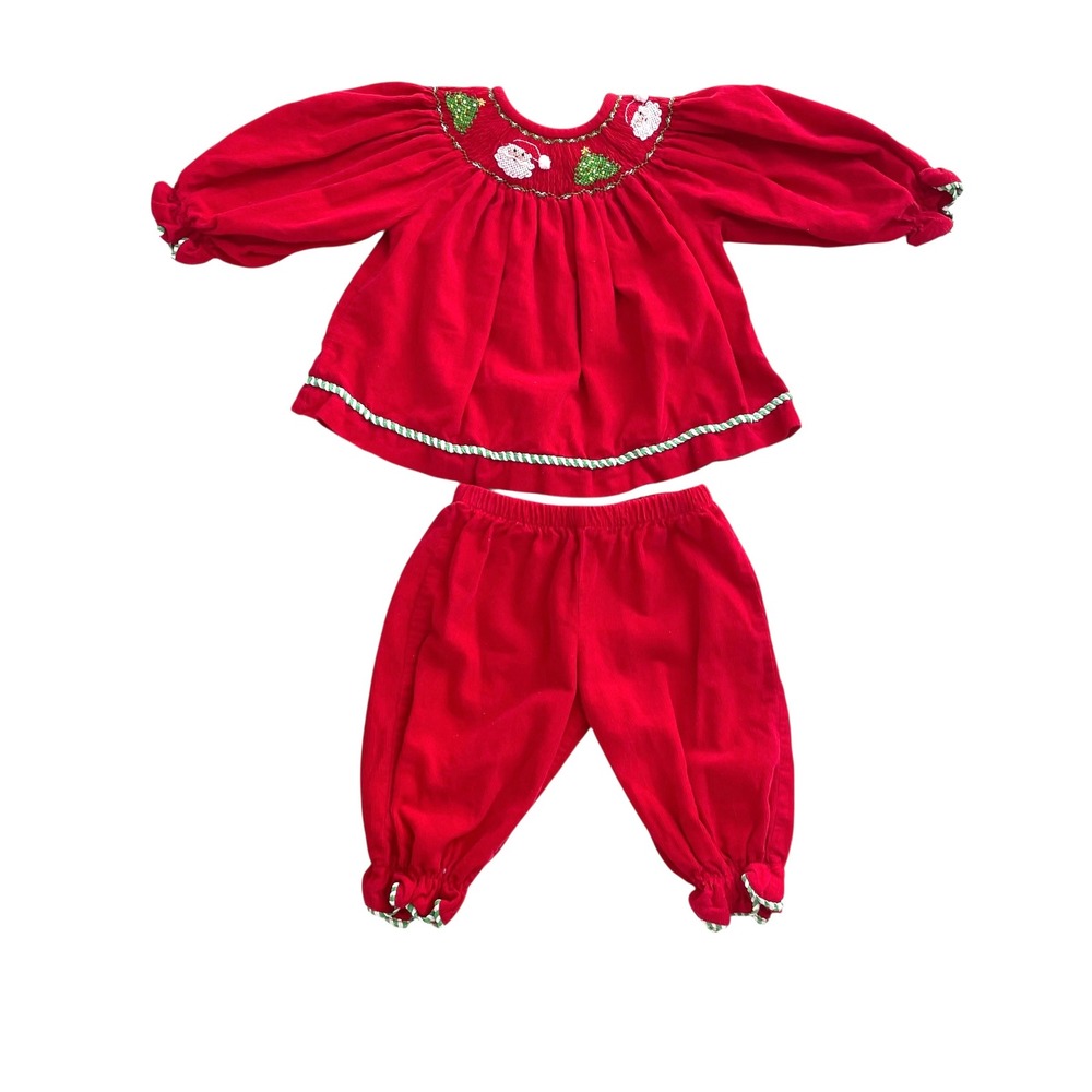Viva La Fete micro corduroy‎ smocked 2 pcs set Size 6M red Christmas Santa tree